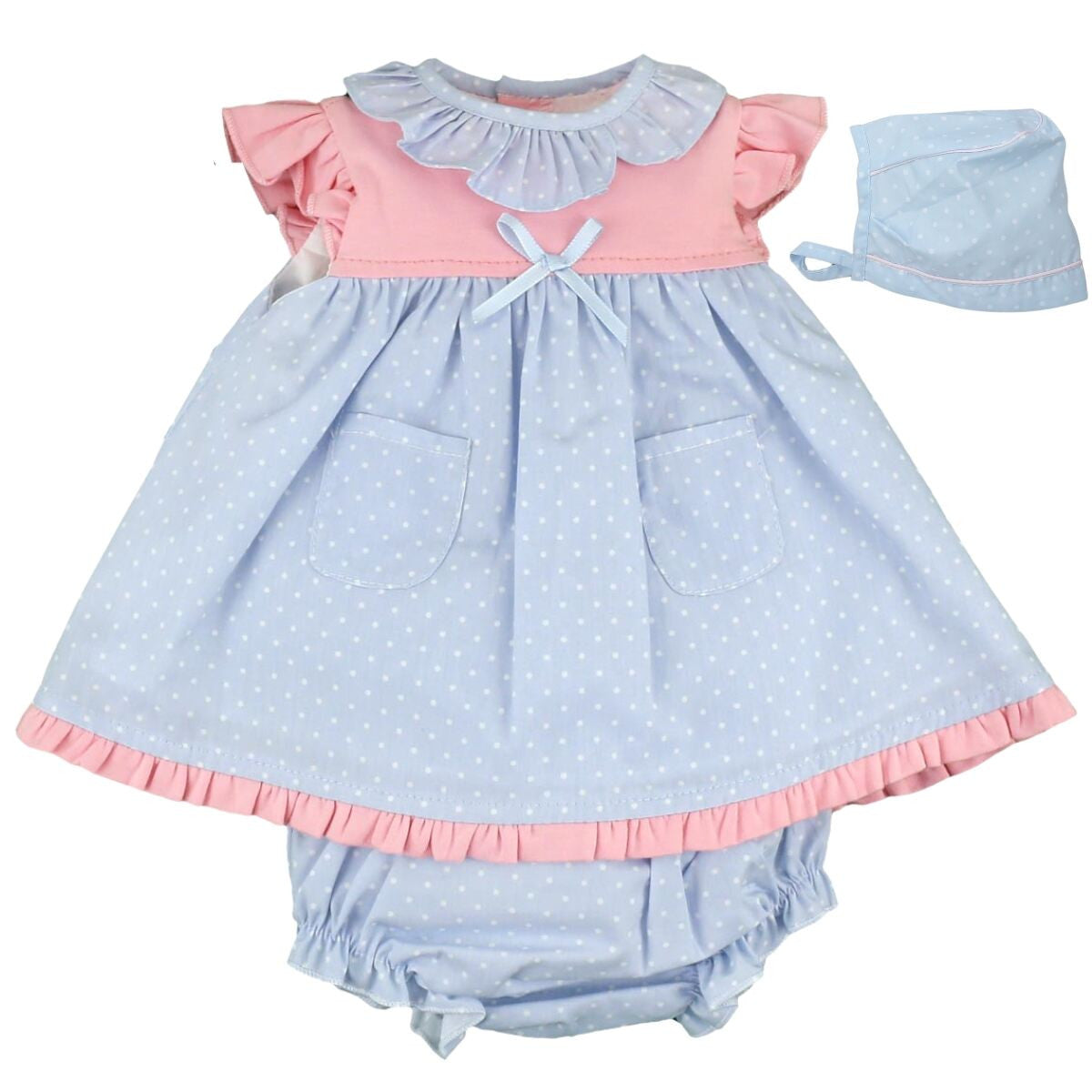 Alicia Three Piece Dotted Dress With Bloomer and Bonnet