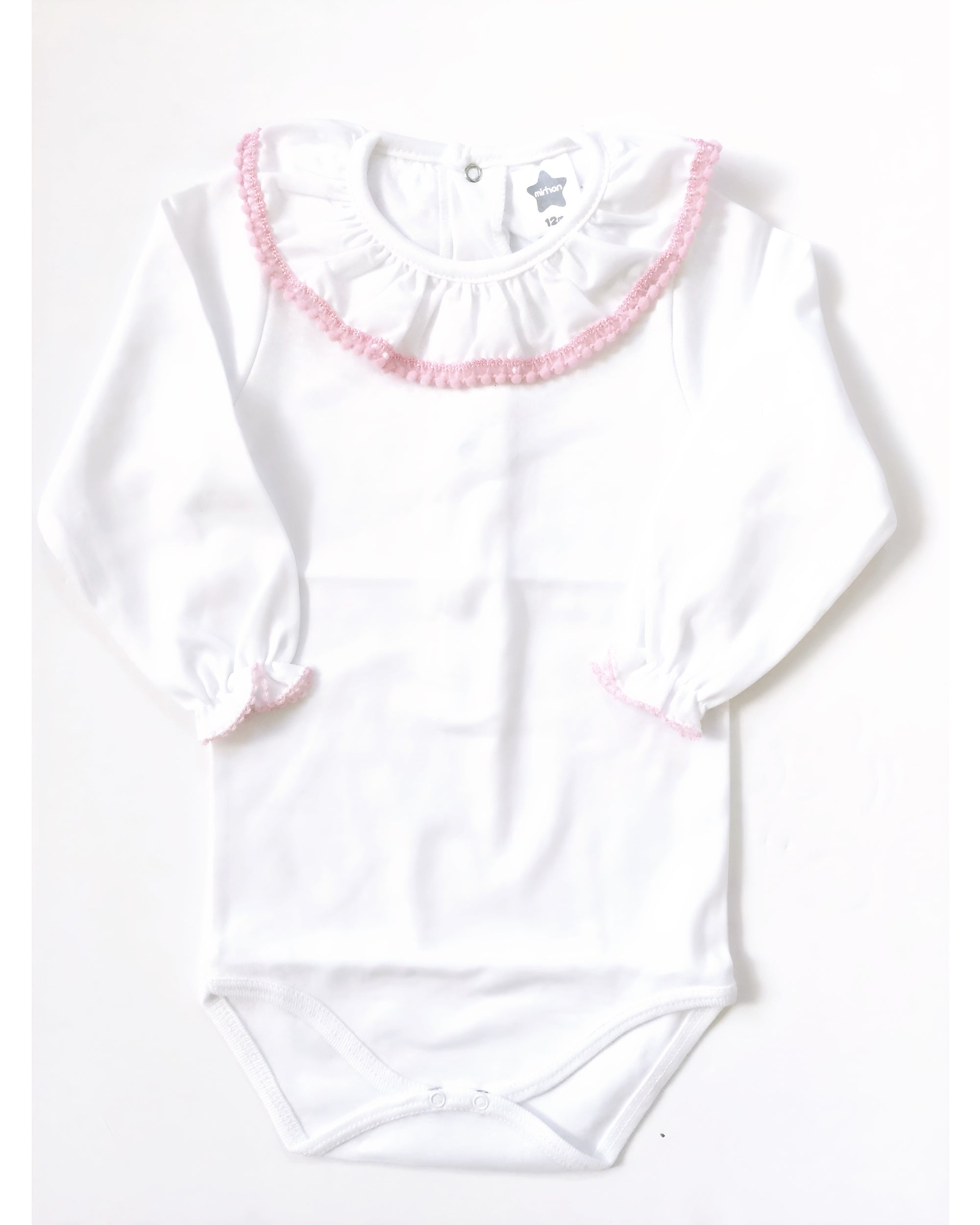 White body suit with pink embroidered collar