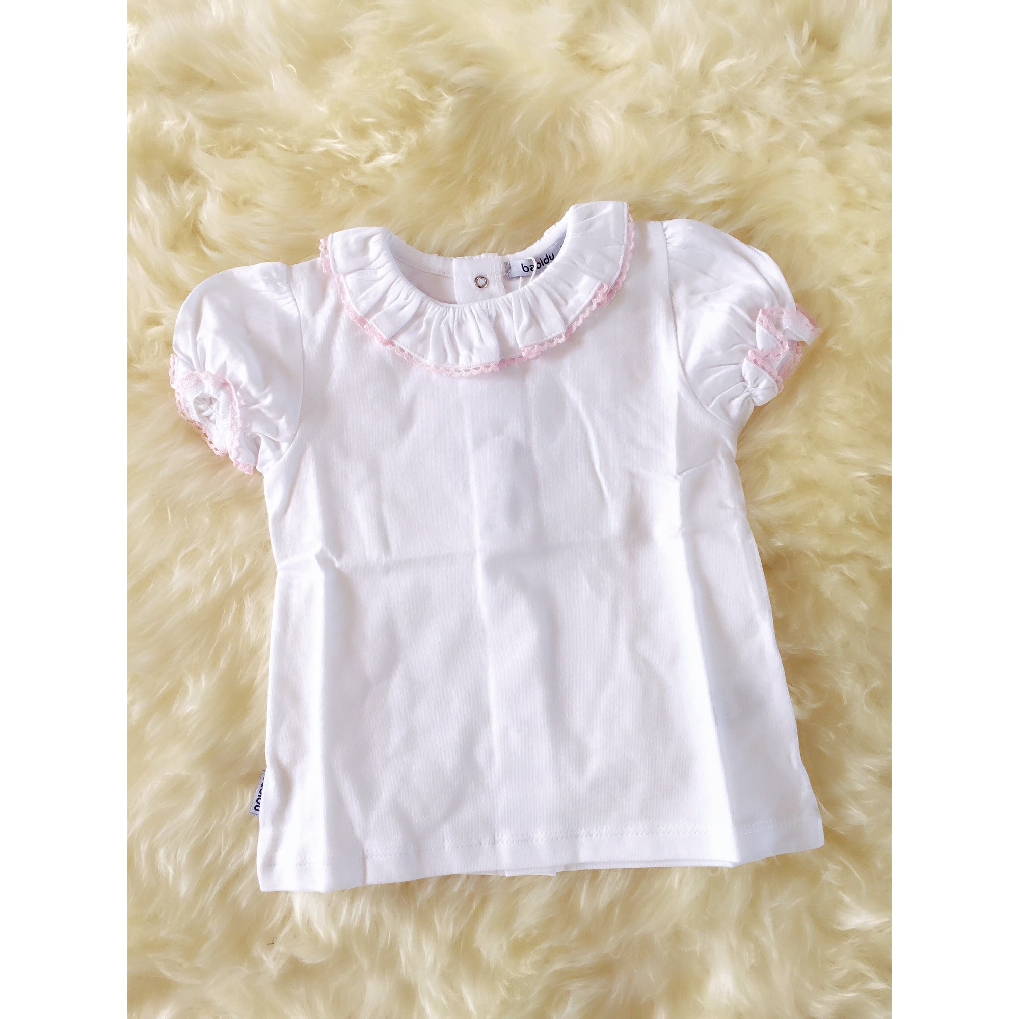 White Short Sleeve Blouse with pink embroidered collar